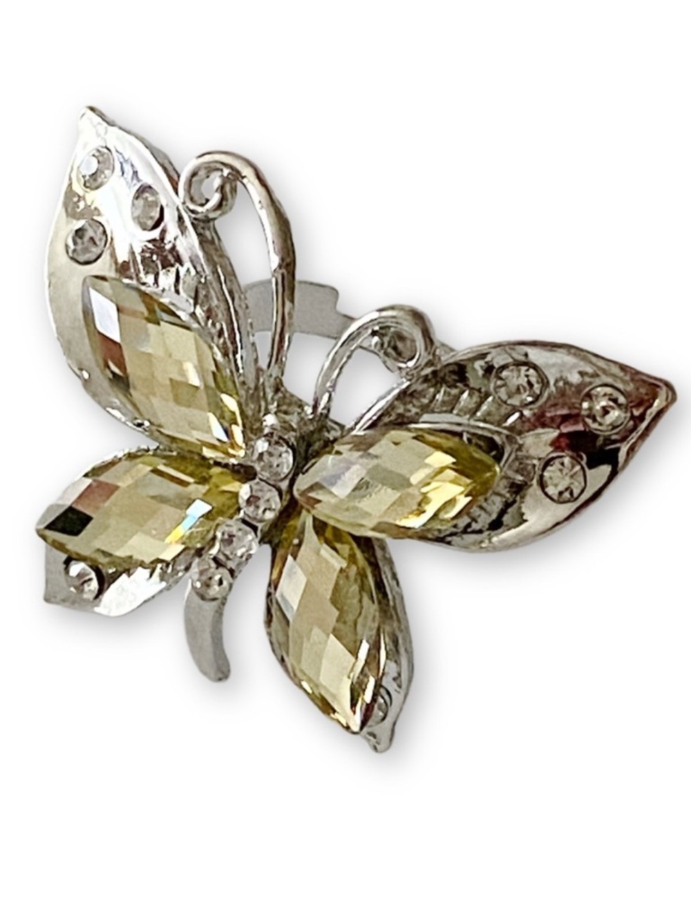 Vintage Huge Butterfly Yellow Gemstone Adjustable Cocktail Statement Ring